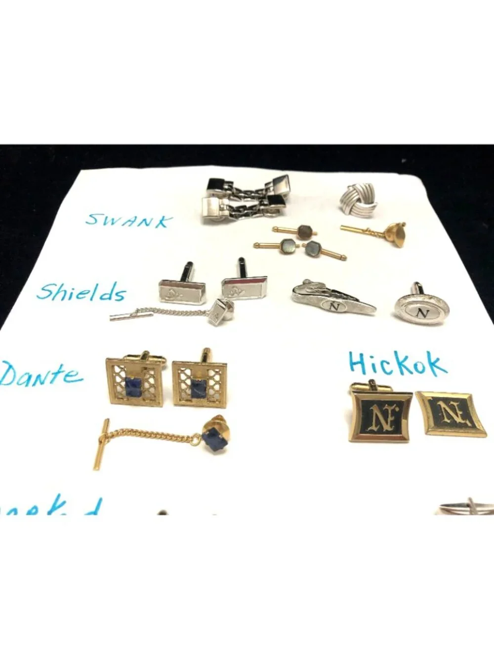 VINTAGE LOT OF CUFF LINKS AND TIE TACS - SWANK, SHIELDS, HICKOK, DANTE
